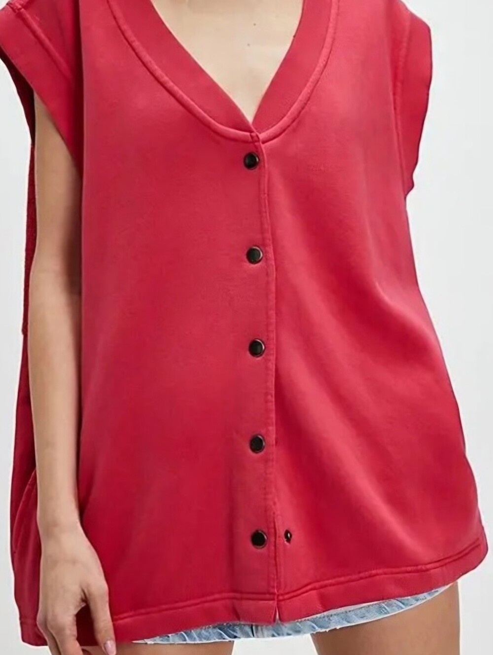 Free People Red V-Neck Snap Cardigan
